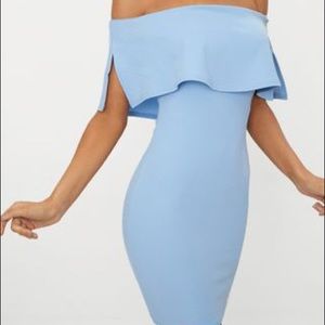 Blue ruffle off the shoulder bodycon dress
